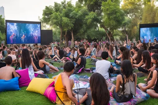 Prompt: An outdoor creative art festival for teenagers. 
Large screen for movie screening, stage with contemporary dance, and a gallery with paintings. The teenage audience are mixed genders and races.
painting