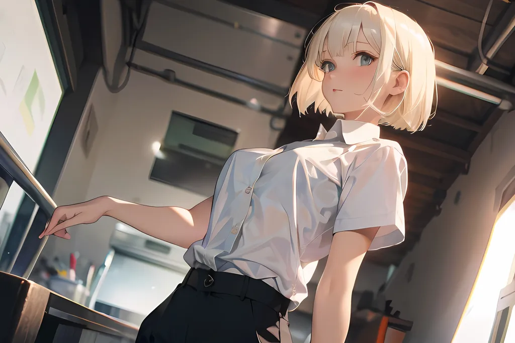 Prompt: masterpiece, best quality, 1girl, short hair, platinum blonde hair, shirt, trousers