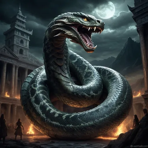 Prompt: Monstrous serpent encircling the world, mythical creature, epic scale, high quality, detailed scales, fantasy, dark and foreboding atmosphere, epic, mythological, large-scale, dramatic lighting, monstrous, intense detail, mythical, serpent, epic fantasy