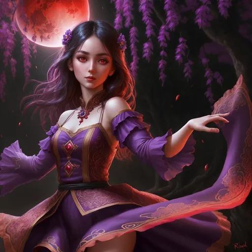 Prompt: Wonderful young Serbian Asian Girl dancing under Ydrasill tree, violet dress, red blood moon, mystical atmosphere, detailed facial features, high quality, digital painting, fantasy style, vibrant colors, enchanting lighting