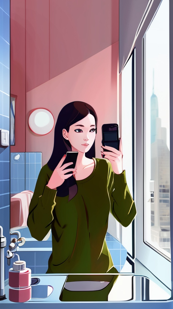 Prompt: a woman taking a picture of herself in a mirror with a cell phone in her hand and a bowl in front of her, Aya Goda, neoplasticism, profile picture, a picture