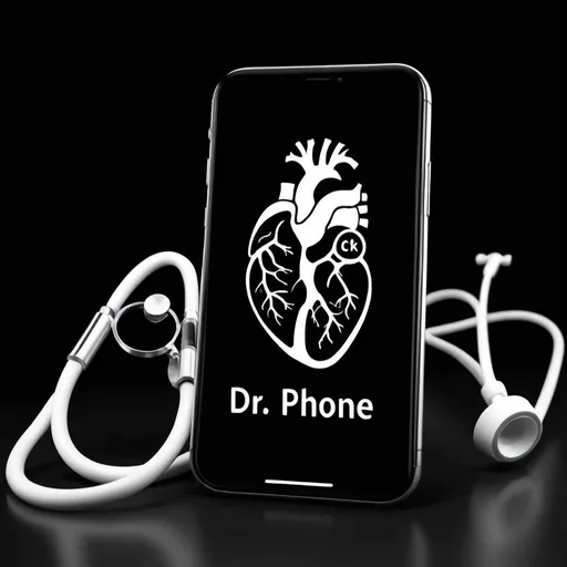 Prompt: Logo pour dr phone  avec photo iphone 15 pro max entouré par Stéthoscope de cardiologie en noir et blanc ave ecran casse 