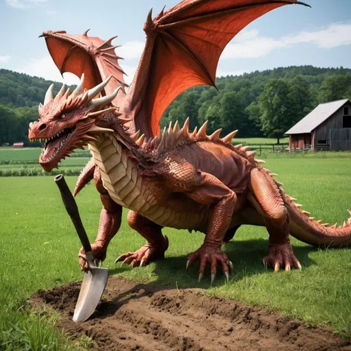 Prompt: Man kills a dragon with hoe near farm
