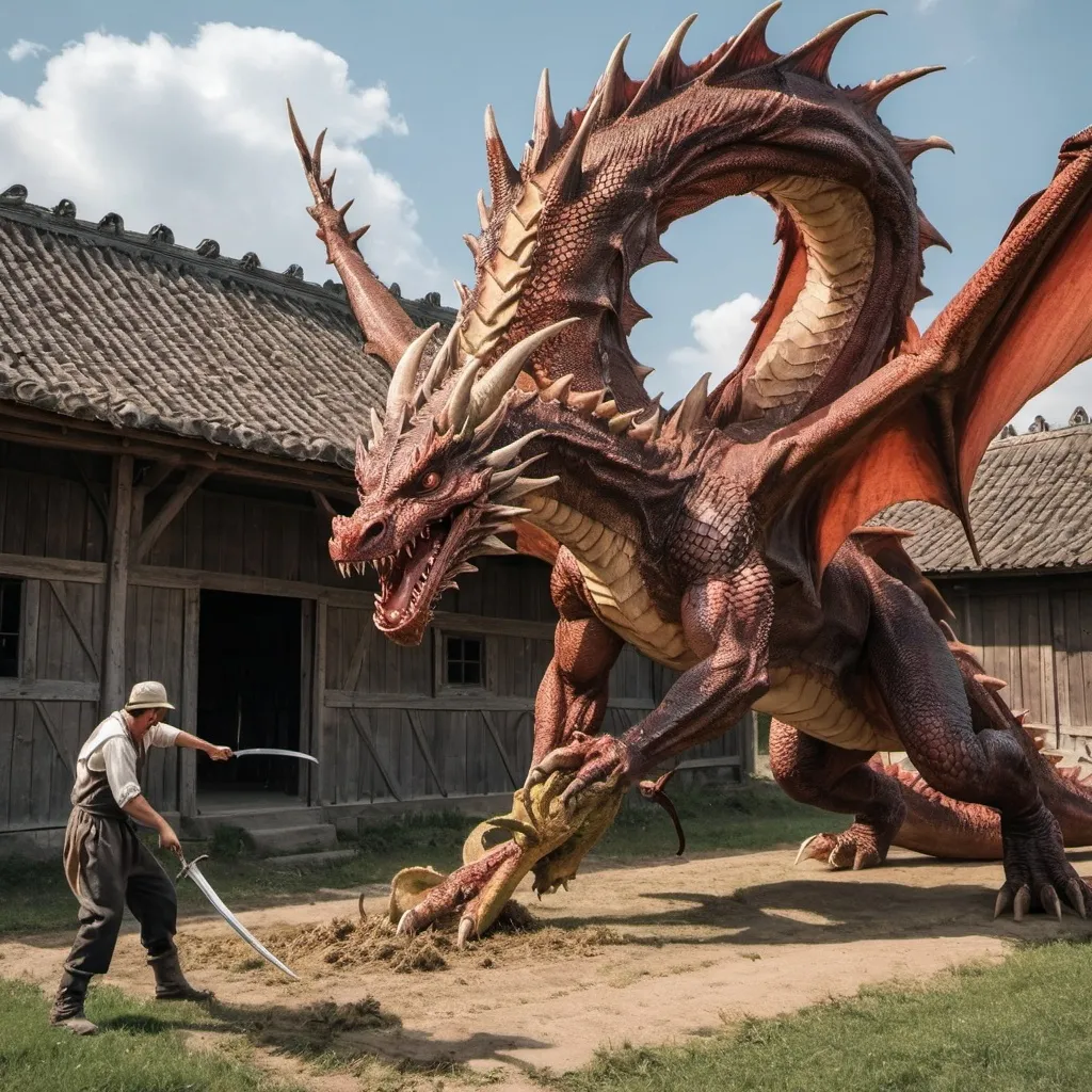 Prompt: A man killing a dragon near a agricaltural building