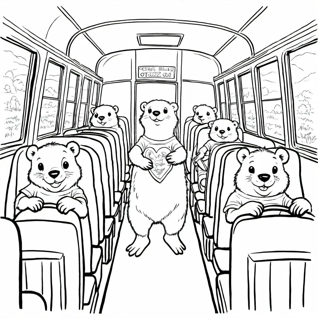 Prompt: View inside a school bus with 3 otters in t-shirts in one seat, one grizzly bear cub in one seat, 2 field mice in dresses in another seat
