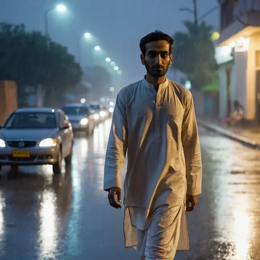 Prompt: Tall man in panjabi walking down the street, detailed clothing, cars passing by headlight, rain on the road