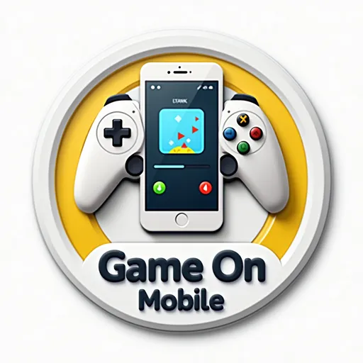 Prompt: 3D circular logo with a gamepad and smartphone merged inside a thin white outline. Colors: white, yellow (#FFFF00), dark blue (#00008B), black. Smartphone screen shows a mini game UI (e.g., joystick). Text 'Game On Mobile' below in a bold modern font (like Bebas Neue). Style: glossy 3D, gaming aesthetic, transparent background (PNG), shadows, high detail. --v 6 --style 4b