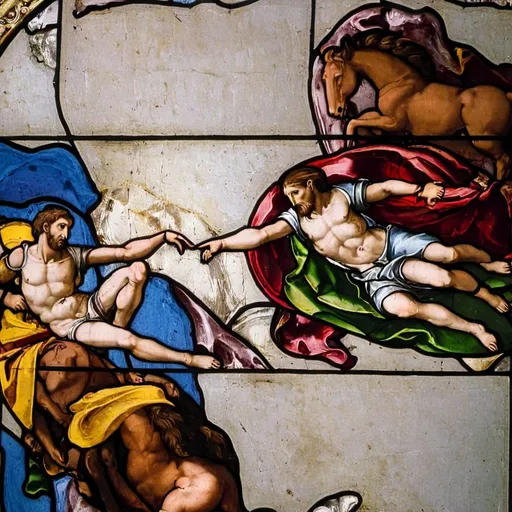 Prompt: Turn the "Creation of Adam" by Michelangelo into a stained glass window 