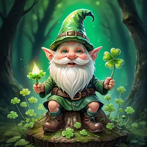 Prompt: A cartoon gnome holding a clover, wearing a green witch hat, green blessing, green magic, happy brave magical cuteness, high detail, 8k, Whimsical, sitting on a mushroom, watercolor painting, glowing mushroom