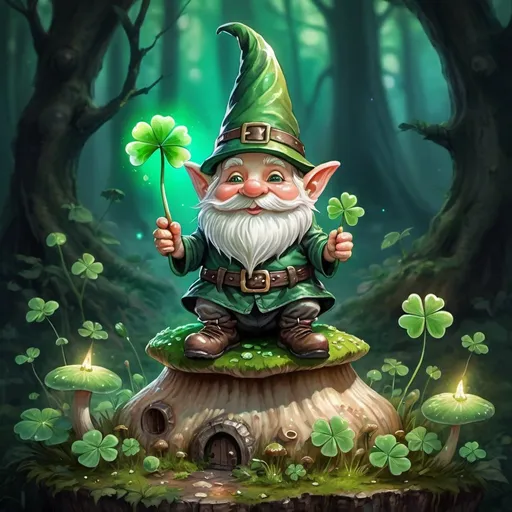 Prompt: A cartoon gnome holding a clover, wearing a green witch hat, green blessing, green magic, happy brave magical cuteness, high detail, 8k, Whimsical, sitting on a mushroom, watercolor painting, glowing mushroom