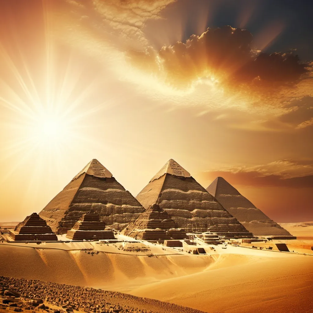 Prompt: The pyramids of Ancient Egypt under a scorching sun.