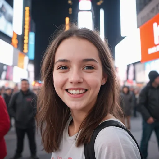 Prompt: realistic shot of cute girl smiling in time square