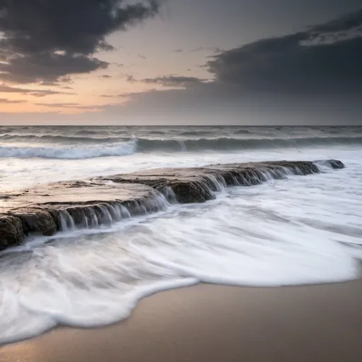 Prompt: wide photo of a beach with a gray sky at sunset the rough sea long exposure