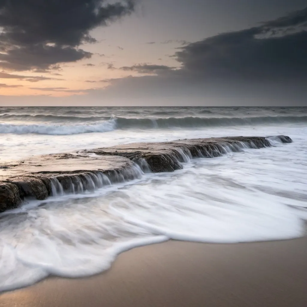 Prompt: wide photo of a beach with a gray sky at sunset the rough sea long exposure