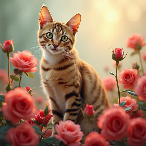 Prompt: Radiating a serene charm, a majestic withe  tabby cat sits gracefully amidst a lush arrangement of delicate red roses. Its vibrant fur is complemented by striking green eyes that reflect a sense of curiosity and calm. The background features soft, watery hues that enhance the floral arrangement, creating a peaceful yet dynamic atmosphere. The overall composition harmoniously blends the natural beauty of the feline with the elegance of the flowers, conveying a sense of tranquility and warmth. This enchanting artwork evokes a narrative of grace and companionship found in nature.