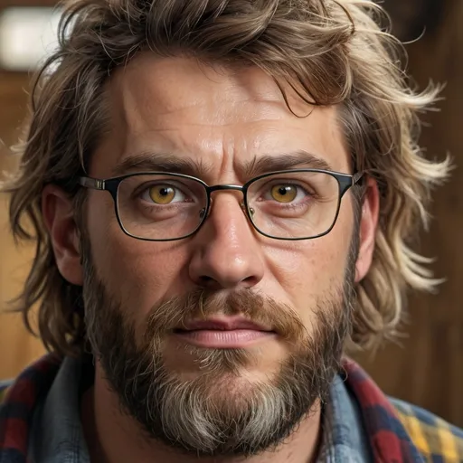 Prompt: Close-up up to the shoulders of a man, wearing glasses,
Lumberjack beard, yellow eyes with vertical pupils like a lion, messy hair like a lion's mane, natural lighting, sharp focus, high level of detail, realistic textures, subtle emotions, fine wrinkles, 8K resolution, ultra-realistic, professional photography, studio background, realistic quality, masterpiece