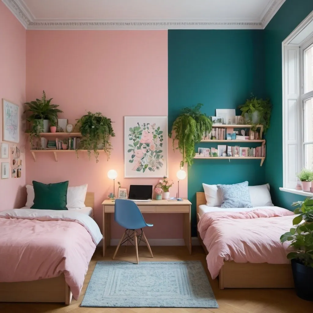 Prompt: Une chambre pour deux filles à l’université  de Yale dans le vrai bâtiment décoré, cosy et coloré dans les tonts rose, bleu, vert pâle  et un stylée aesthetic et en optimisant les rangements. Avec 2/3 plantes et des guirlandes lumineuses. Des bureaux qui font aussi vanity avec du maquillageet des poster Yale sur les murs et deux lits