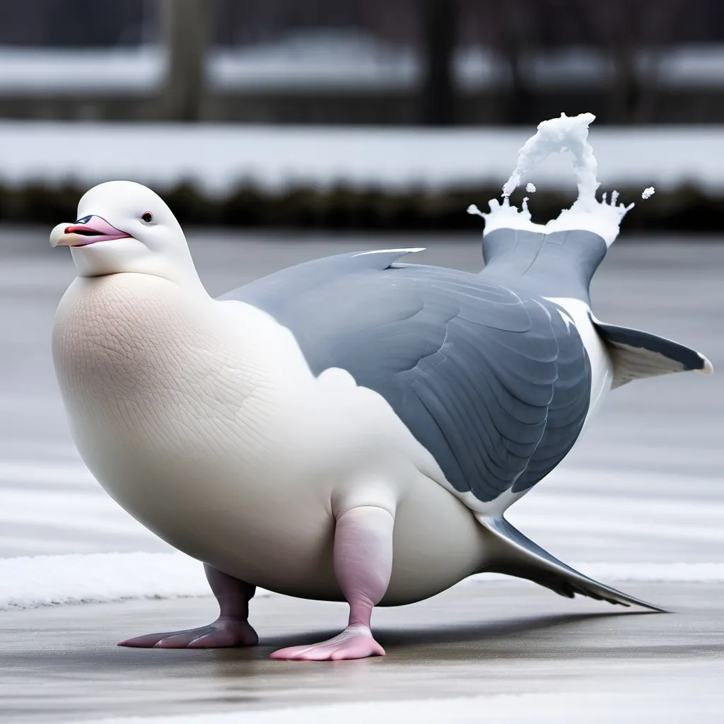 Prompt: beluga whale cross pigeon, located in a winter wonderland