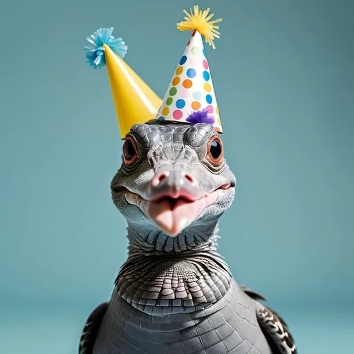 Prompt: alligator cross pigeon wearing a party hat