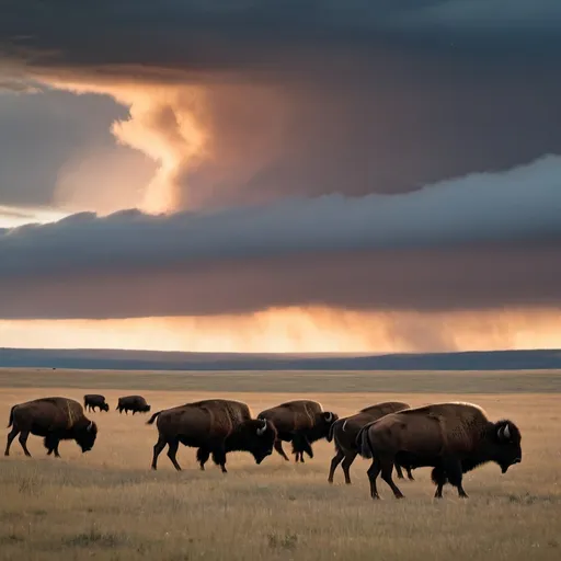 Prompt: a thickly clouded sunset revealing ghostly images of a herd of Bison grazing and playing in the sky