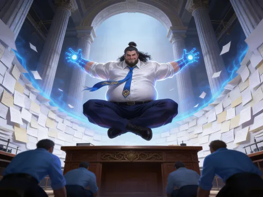 Prompt: Digital fantasy artwork, Epic feeling. Super Low angle perspective, portrait, almost symmetrical composition.
There is a dynamic scene in the inside of a wooden and stone, steampunk, ornamented, neoclassic, laboratory classroom, with giant columns and a big arch in the top of the background.
In the foreground, closer, there is the main character: a muscular, fat, thick, man  floating in the air over an ancient, ornamented, wooden desktop with legs crossed, extending his arms to the sides in a dynamic pose, looking at the spectator, smiling. The man has black, curly, long hair tied back in a ponytail and beard. The man wears a white, silk shirt, a blue, long tie ornamented with golden details, moved by the wing to the side, dark blue trousers and black shoes. The hands and eyes of the man are made of blue, glowing, shiny energy.
In the bottom foreground, there are three less detailed figures: three partially visible, unfocused men backwards, kneeling in fron of the man, wearing light blue shirts. We can only see the upper bodies.
In the background, there is a giant, curved, irregular wall of white and beige overlapping papers surrounding the scene side-to-side, casting a blue, glowing, ethereal aura. There are floating papers in the scene.
The light is stronger at the man.