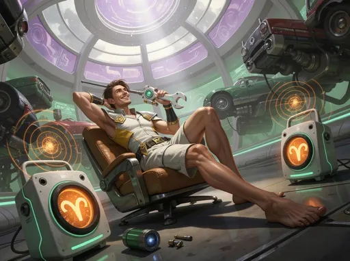 Prompt: Digital fantasy artwork, Epic feeling. Low angle perspective, portrait, tilted.
There is the inside of a cyberpunk, futuristic, luminous, white, purple and green, curved spaceship, plenty of mechanic, futuritisc, vehicle parts atteched to the walls.
In the foreground, close, there is a male, thin mechanic reclining on a abandoned, leather, light brown, car seat over the ground, extending his crossed, super-long legs to the foreground, barefoot, smiling. The mechanic has curly, black, short hair. The mechanic wears a leather, elven, white and yellow armour ornamented with golden details. The mechanic is holding a cyberpunk, white and green, futuristic wrench in one hand, and the other arm behind the head.
In front of the mechanic, there are two floating, low, white and green, cyberpunk speakers. The speakers have a shiny, glowing, magical, orange, aries zodiac sign on the center. The speakers are casting ethereal, light orange, ethereal, circular, concentric bur irregular sound waves on the air.
The light is stronger at the mechanic.