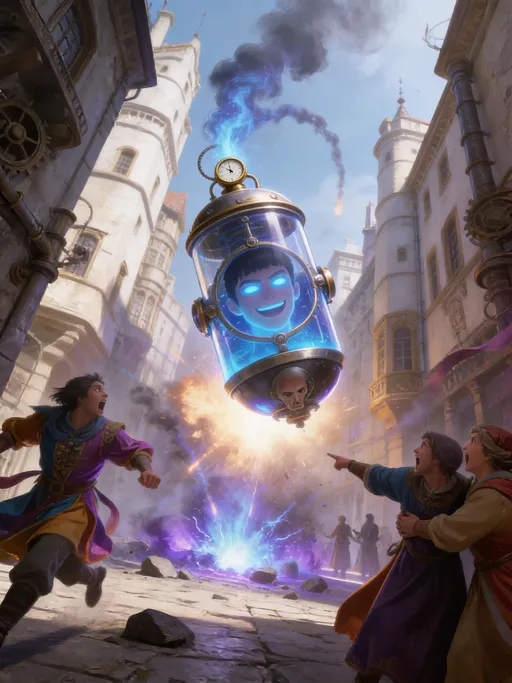 Prompt: Digital fantasy artwork, Epic feeling. Super Low angle perspective, portrait, tilted.
There is a vibrant, dynamic scene in a narrow, medieval, disorganized square, surrounded of less detailed, tall, steampunk, white and beige buildings.
In the foreground, closer, there is the main character: a steampunk bomb falling fast from the sky towards the bottom. The bomb is composed of a main core, consisting on a glass capsule containing blue, glowing liquid. There is a human, male head inside the liquid, smiling with neon-blue, glowing eyes and mouth and short, straight, black hair. The capsule is closed on the sides by golden and silver, articulated, spherical plates. The top plate has a small, golden pressure gauge attached, with a small tube casting a blue, glowing, energy and smoke trail in the sky, tracing a subtle arc.
In the sides of the foreground, there are secondary, unfocused, less detailed characters: three medieval peoeple wearing silk, colourful clothes.
One of them, on the left, is running to the front, screaming.
Two of them, on the right, are pointing at it, 
embracing each other, screaming, scared.
In the background, there is a blue and purple, glowing explosion on the floor, casting rocks and smoke trails in the air.
The light is stronger at the bomb.