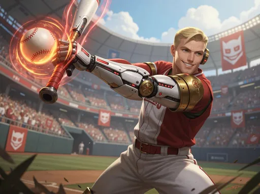 Prompt: Digital fantasy artwork, Epic feeling. Low angle perspective, portrait, tilted. 
There is the inside of giant, cyberpunk, modern, baseball Stadium composed of multiple rows, plenty of crowds of people cheering, holding red and white banners with the symbol of a robot face. The sky is light blue, with white clouds.
In the foreground, close, there is a strong, male, baseball player swinging a baseball bat behind his head with both arms, smiling, looking at the baseball ball in front of him, dynamic position. The player has blonde, short, straight hair, militar haircut. The player wears a red and white baseball equipment, ornamented with golden, cyberpunk, robotic details. The left arm of the player is made of intrincated, robotic, articulated, white and golden, metallic pieces ornamented with red, led lights. The baseball bat is made of mechanic, cyberpunk, white pieces, surrounded by a red, shiny, ethereal aura. The baseball ball is in front of the player, made of red and orange, holographic, etheral, shiny energy, moving fast.
 The light is stronger at the player.