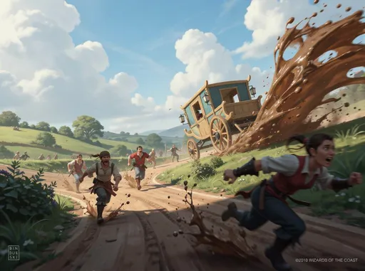 Prompt: Digital fantasy artwork, Dynamic feeling. Low angle perspective, tilted.
There is a dirt, curved road in a green, plenty of vegetation plain, in a sunny day. The sky is light blue, with white, big clouds.
In the background, there is a big, light wooden and blue, fast, medieval carriage drifting fast on the curved road, leaning, leaving a dust trail on the background. The carriage has big, wooden wheels. The wheel are projecting a giant wave of brown, liquid mud in the foreground, coming from the dirt ground. The medieval carriage is lead by two horses in the right part of the image; we can see only his hind legs, moving fast, dynamic. There is a male villager sitting on the front of the carriage, taking the reins, smiling, looking at the spectator. The wizard has long, black, curly hair and beard. The wizard wears a blue and white peasant costume.
In the foreground, there are villagers running to the spectator, scaping from the carriage,  scared, dynamic pose. The villagers are getting covered in the brown, liquid mud.
The light is stronger at the carriage.