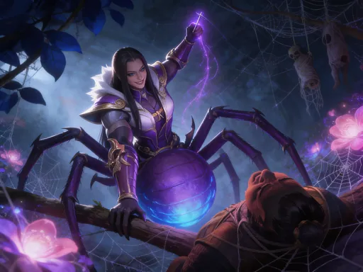 Prompt: Digital fantasy artwork, Epic feeling. Super Low angle perspective, portrait, tilted.
There is an intense, dynamic battle scene inside an ambience of of dark blue leaves, branches and pink and purple glowing, magical purple flowers, covered with irregular, dense pieces of spider webs, and hanging corpses wrapped in cobwebs in the background.
In the middle foreground, close, there is the principal character: a enormous spider-like creature with an upper humanoid part and a bottom insect part leaning on various branches over its prey, dynamic position, smiling, rising a glowing, purple, shiny, long sewing needle with her left arm, casting purple, ethereal trails. The human part has long, straight, black hair and wears a purple and white, metallic, shiny armour of plates ornamented with golden details. The insect part is bigger than the human part, composed of a big, fat, purple and blue, shiny, glowing abdomen and eight, sharp, extremely long, articulated insect legs spread in different directions.
In the right foreground, there is the prey, a smaller, less detailed, partially visible figure: a male villager backwards, extending his arms to the creature, scared, tied in spider web.
The light is stronger at the spider woman.
