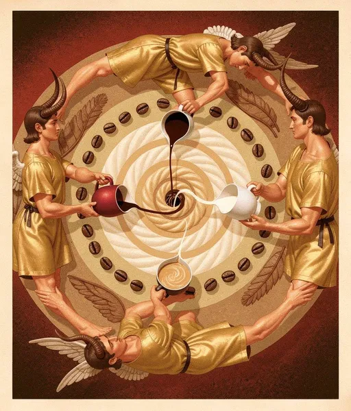 Prompt: Retro style, poster, vintage, perfect geommetrical shapes. Plain colors and gradients. Centered, circular composition, radial symmetry.
There is a light brown, beige and white ethereal spiral. There are coffee grains floating.
In the middle, there are three similar male, flying humans curving their bodies in the air, composing a circle. Each human composes one third of the circle, extending one arm to the center of the circle, holding a glass. The humans have brunette, short, straight hair and curved, large horns and wings. The humans wear golden, silk tunics, wrapped around their bodies, floating.
One of the humans is brown. The glass of this human is pouring liquid brown coffee into the center of the spiral.
One of the humans is white. The glass of this human is pouring liquid milk into the center of the spiral
One of the humans is beige. The glass of this human is pouring liquid beige coffee into the center of the spiral.
