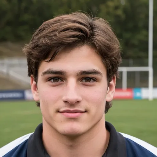 Prompt: A handsome brown haired high school rugby player with brown eyes 