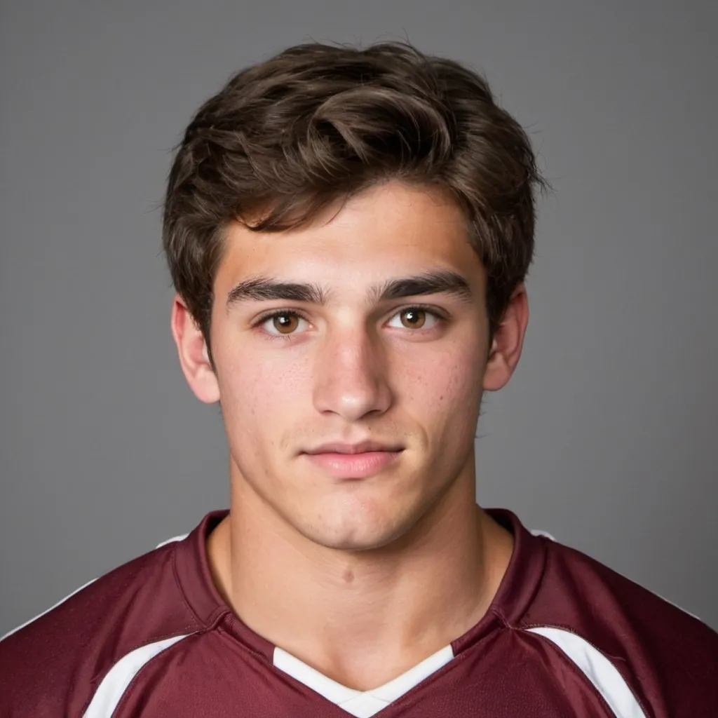 Prompt: A handsome brown haired high school rugby player with brown eyes 