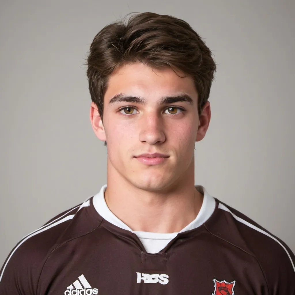 Prompt: A handsome brown haired high school rugby player with brown eyes 