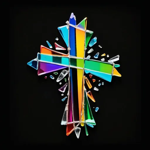 Prompt: Shards of glass in rainbow colors on a black background piled into the shape of a cross