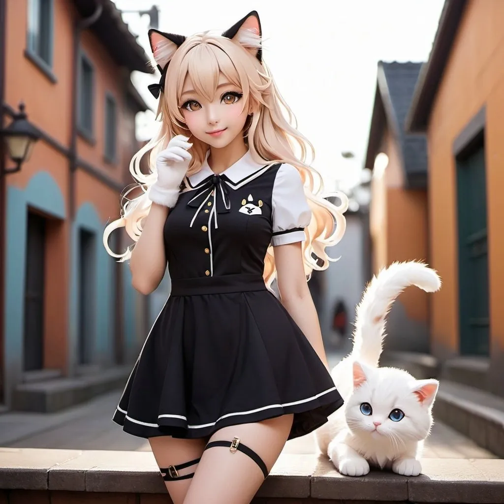 Prompt: Cat Girl Waifu

	•	Appearance: A Cat Girl Waifu with long, wavy hair, styled to mimic cat ears. She has large, bright eyes with vertical pupils, reflecting her feline nature. Her ears are soft and furry, and she has a long, fluffy tail.
	•	Clothing: She wears a cute, short dress with playful details such as bows and tiny bells. Her outfit is complemented by long gloves with cat claw designs and thigh-high stockings that resemble cat paws. She wears stylish ankle boots with fur trim.
	•	Accessories: A collar with a golden bell around her neck, a small backpack shaped like a cat, and subtle makeup highlighting her cat-like features, including a cat nose and whiskers.
	•	Setting: The background is an urban environment with rooftops and alleyways. The scene is illuminated by vintage street lamps, casting a warm glow. There are murals with cat-themed graffiti, enhancing the playful atmosphere.
	•	Poses and Expressions: She can be depicted in various playful poses—jumping, arching her back, or playing with a ball of yarn. Her expressions range from mischievous smiles to curious, narrowed eyes, and a cheeky look as she licks her paw.

Keywords: Cat Girl, Waifu, Feline, Cute, Playful, Urban, Anime, Manga, Furry Ears, Fluffy Tail, Cosplay, Stylish, Kawaii, Detailed Background, Warm Lighting, Playful Poses, Mischievous Expressions.