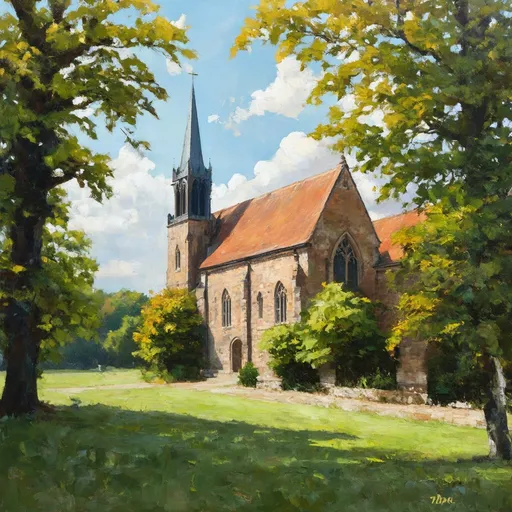 Prompt: Oil painting of a Dutch Neogothic style monastery nestled in a picturesque Dutch natural landscape, vibrant color palette, intricate architectural details, lush greenery, serene atmosphere, realistic textures, high quality, oil painting, Dutch Neogothic, natural landscape, vibrant colors, intricate details, lush greenery, serene atmosphere, realistic textures