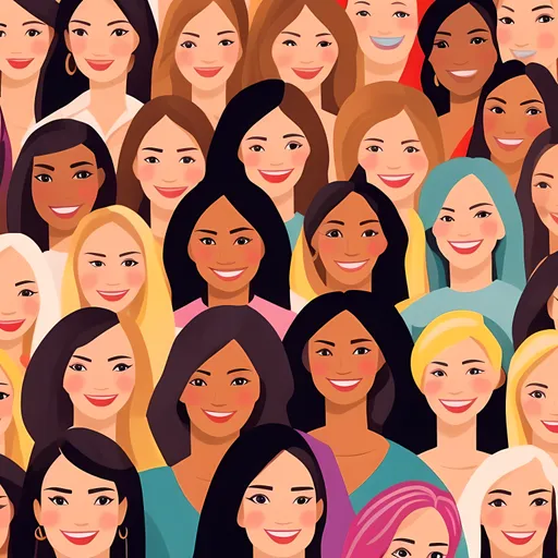Prompt: A vibrantly colored view of the head and shoulders of professional women of various ethnicities including blonde-haired ladies looking straight ahead, all with eyes open looking happy

