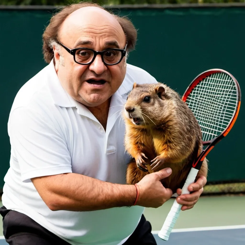 Prompt: Danny devito o playing tennis with a groundhog 