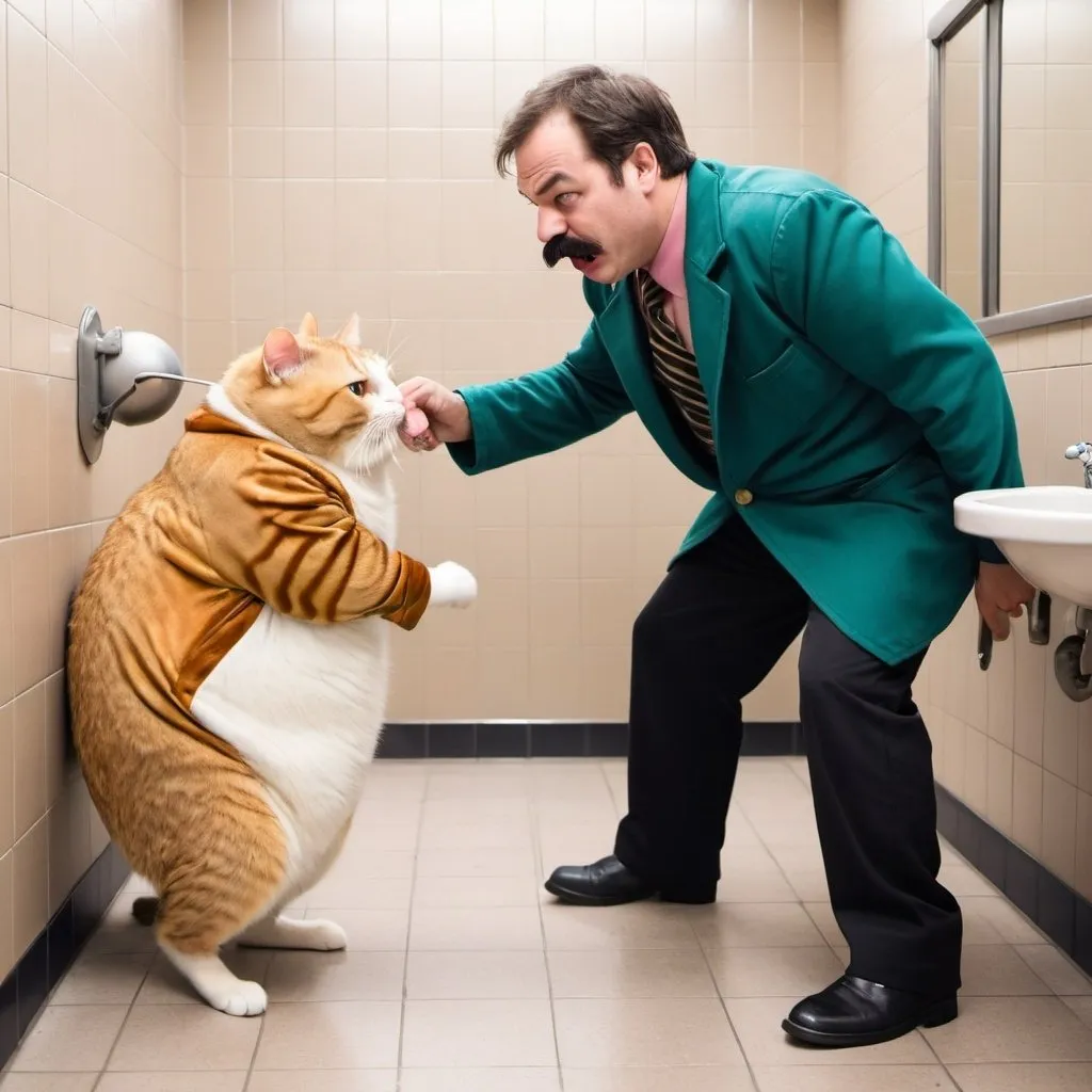 Prompt: Man with mustache wearing mouse costume fighting a fat sad cat in a public restroom