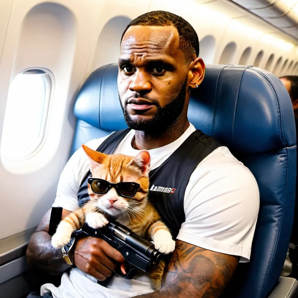 Prompt: a cat with a gun sitting on lebron james shoulder in an airplane