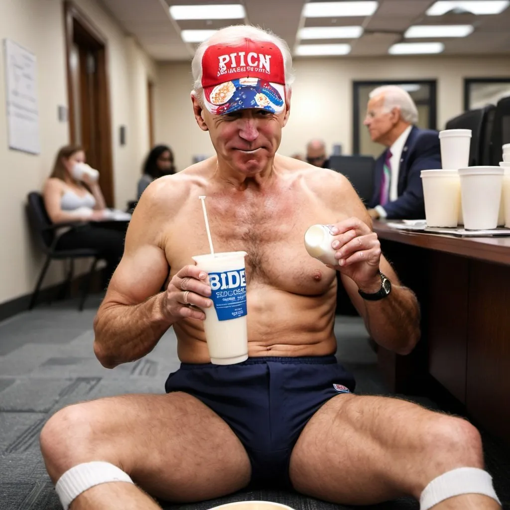 Prompt: joe biden sitting on office floor drinking milk while wearing a crop top