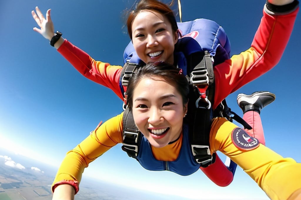 Prompt: Asian woman skydiving and smiling facing camera