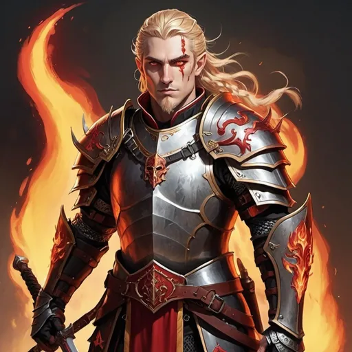 Prompt: A tall half elf conquest paladin with blonde braided hair with red highlights and black and red armor with a flaming greatsword. and a symbol of tempus on his breastplate and a small beard and mustache and amber red eyes
