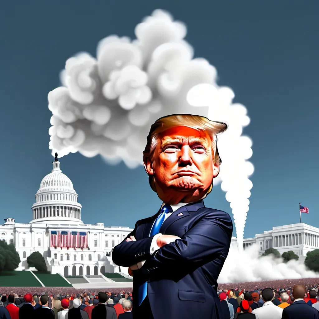 Prompt: Draw an image of trump with steam coming out of his ears over the Capitol building and the national Mall with a train behind him 
