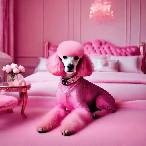 Prompt: an pink glitter pretty poodle bows sittingon pink glitter bedroom pink all pink luxury