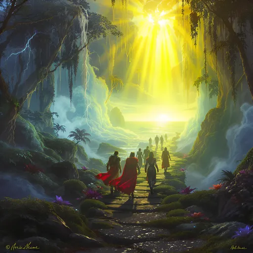 Prompt: Deep within a lost island paradise, nine companions stride purposefully along a moss-covered stone path. A divine, golden light pierces the jungle canopy, illuminating their confident march toward destiny. The scene is saturated with an ethereal glow, a soft-focus blend of yellow and blue that evokes a sense of profound wonder. Four heroes lead the way, their brilliant red capes catching the light, a stark contrast to the strong silhouettes of their companions. Bioluminescent flowers and strange, vibrant flora sprout from the path's edges, enhancing the otherworldly atmosphere. This is a fellowship forged for a legendary quest, their path leading toward a radiant horizon over the ocean that signals a grand new beginning.