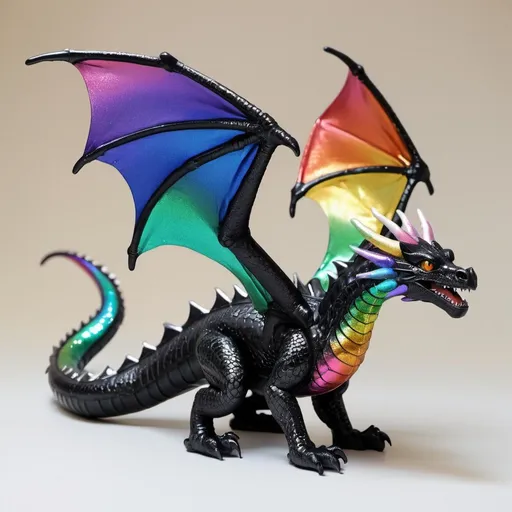 Prompt: realistic black dragon with shimmery rainbow metallic wings flapped down
