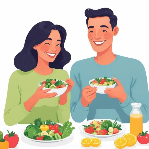 Prompt: illustration showing happy couple eating clean food