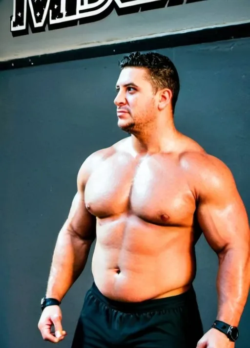 Prompt: alex mauricio burgos montecinos bara musclehunk bodybuilde fatness wwe
